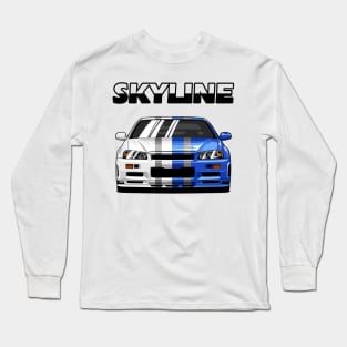 Nissan Skyline r34 GTR White Grey and Blue, JDM Car Long Sleeve T-Shirt